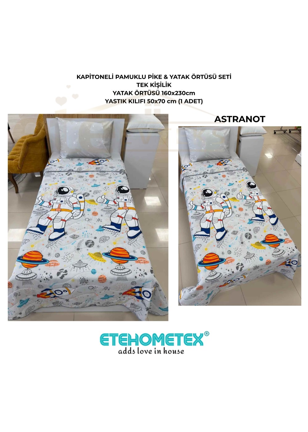 ETEHOMETEX Pamuklu Kapitoneli Yatak Örtüsü Seti TEK KİŞİLİK ASTRANOT GRİ 8696474232103